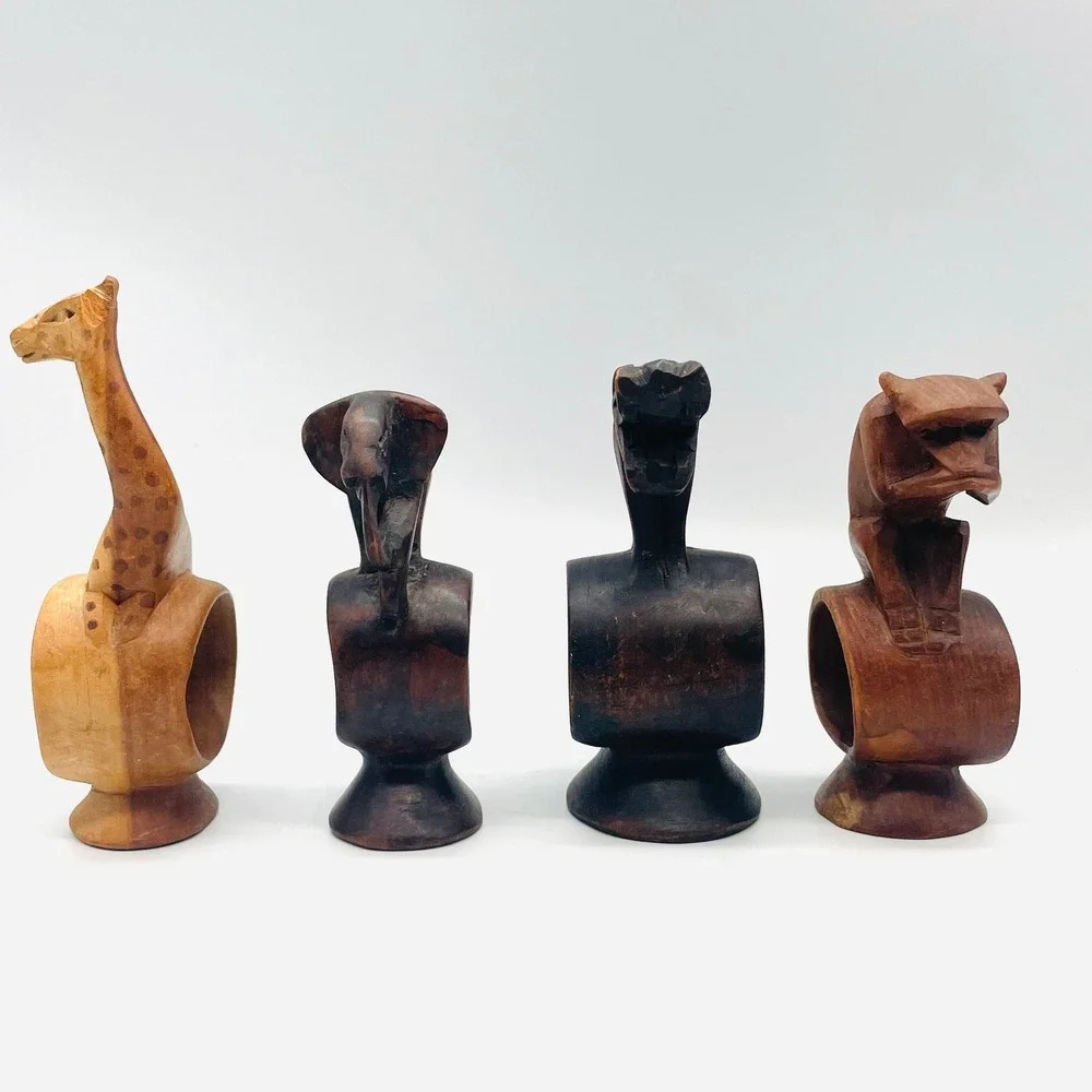 Set of 4‎ Hand Carved Wooden African Safari Animal Napkin Rings Giraffe Elephant
